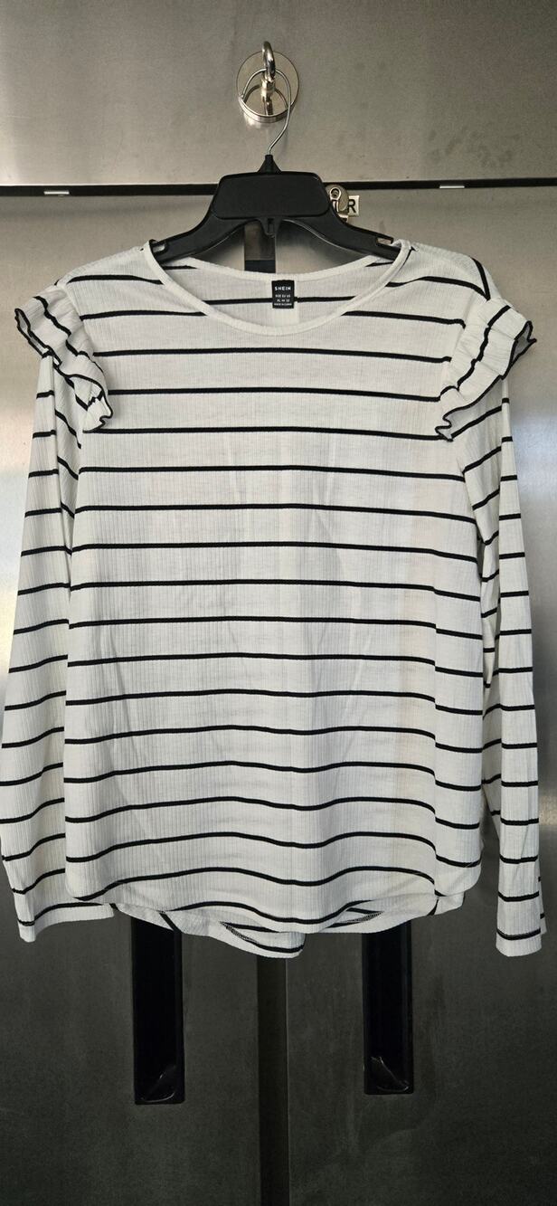 SHEIN Women's White Black Striped Ruffle Shoulder Top Size XL
